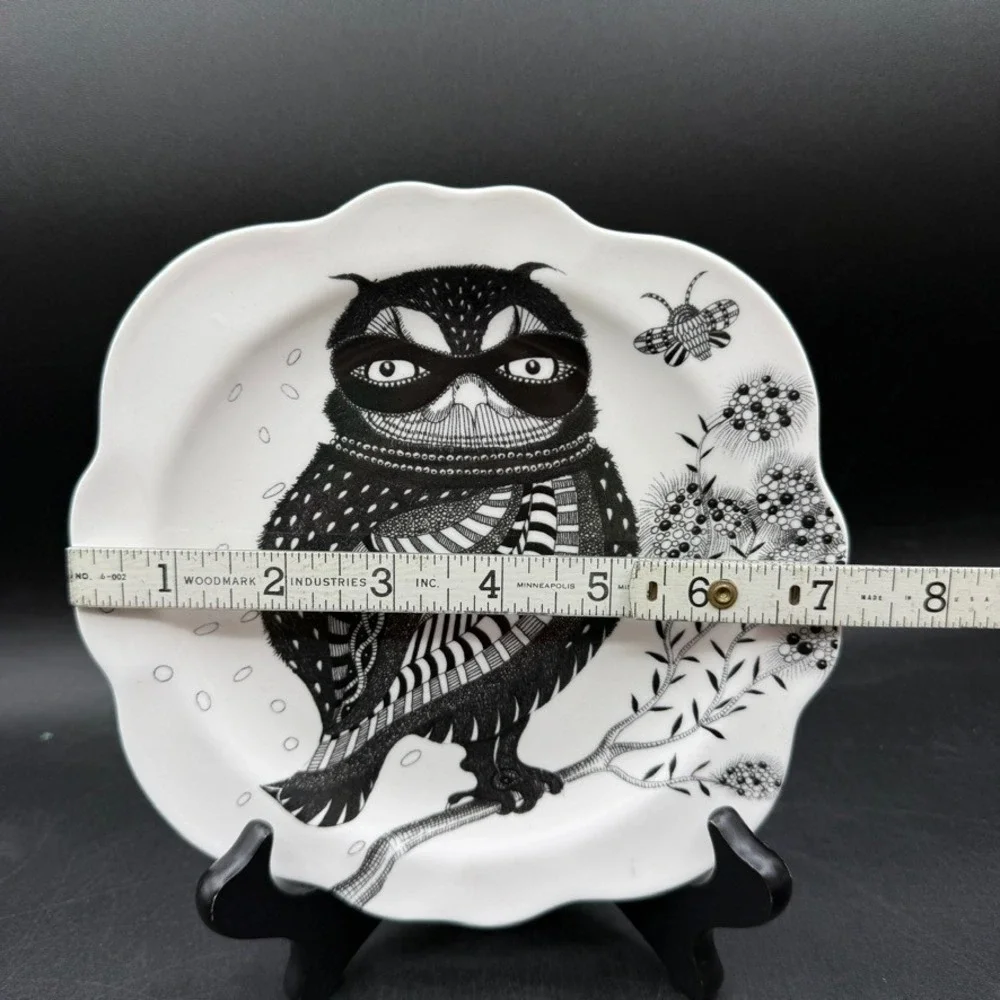 Florence Balducci Owl Dessert Plate Black White Scalloped Edge Whimsical Art